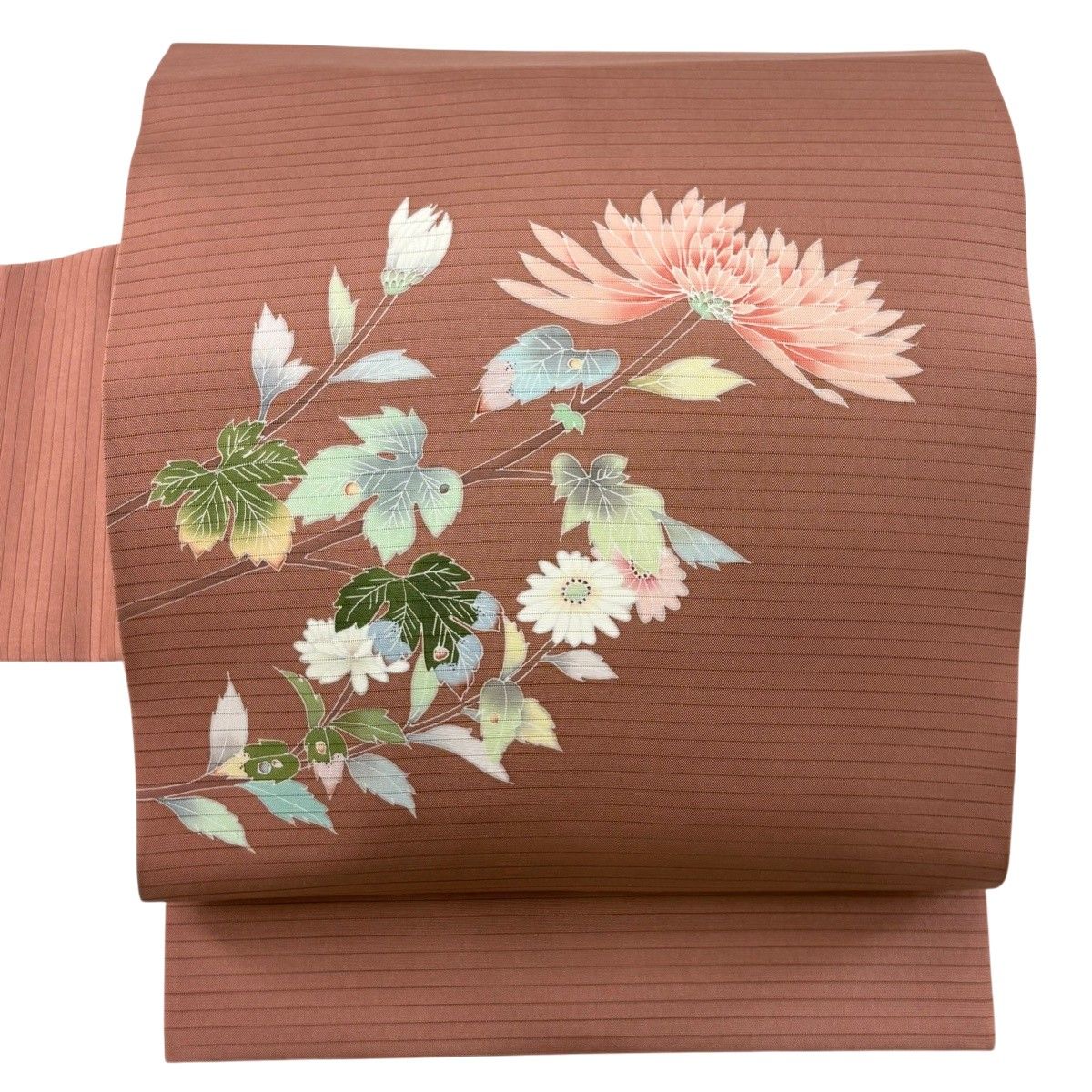 【美品】 名古屋帯 秀品 落款 夏帯 菊 ピンクベージュ 正絹 【中古】