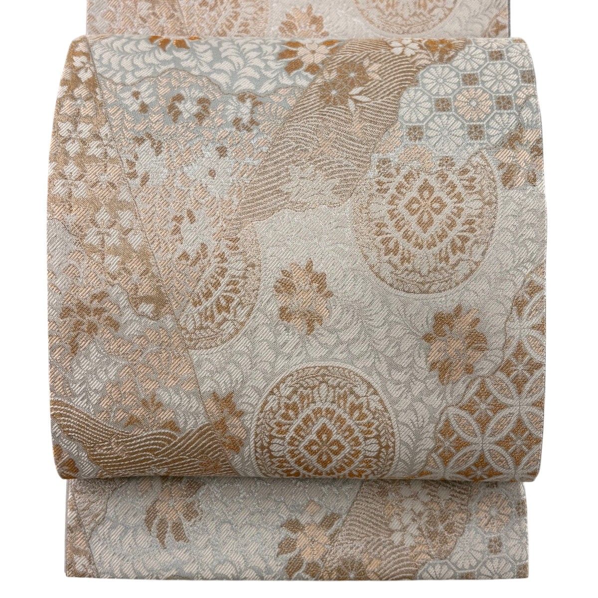 【美品】 袋帯 秀品 証紙 華文 草花 箔 灰色 六通 正絹 【中古】