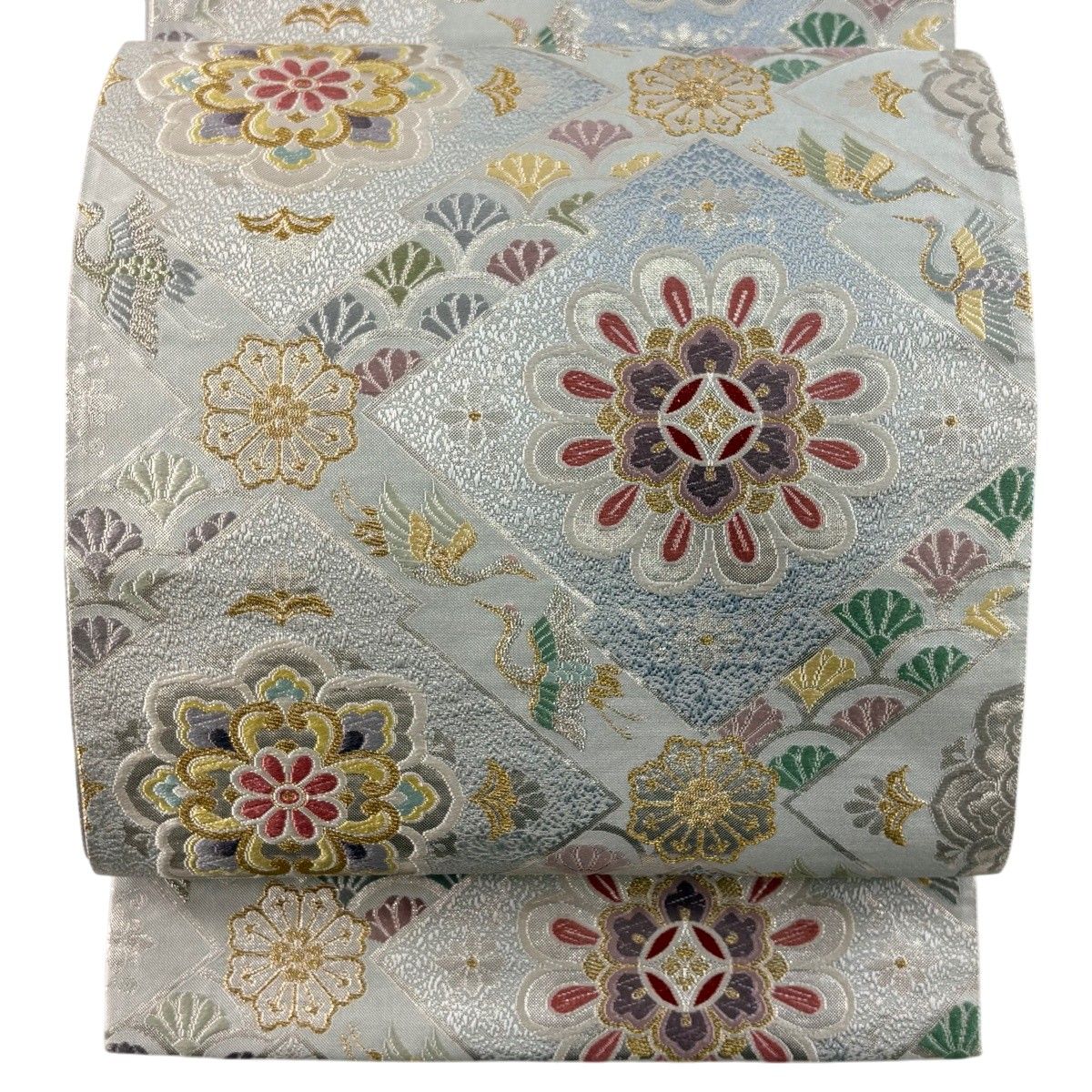 【美品】 袋帯 秀品 華文 鶴 金糸 箔 青灰色 六通 正絹 【中古】