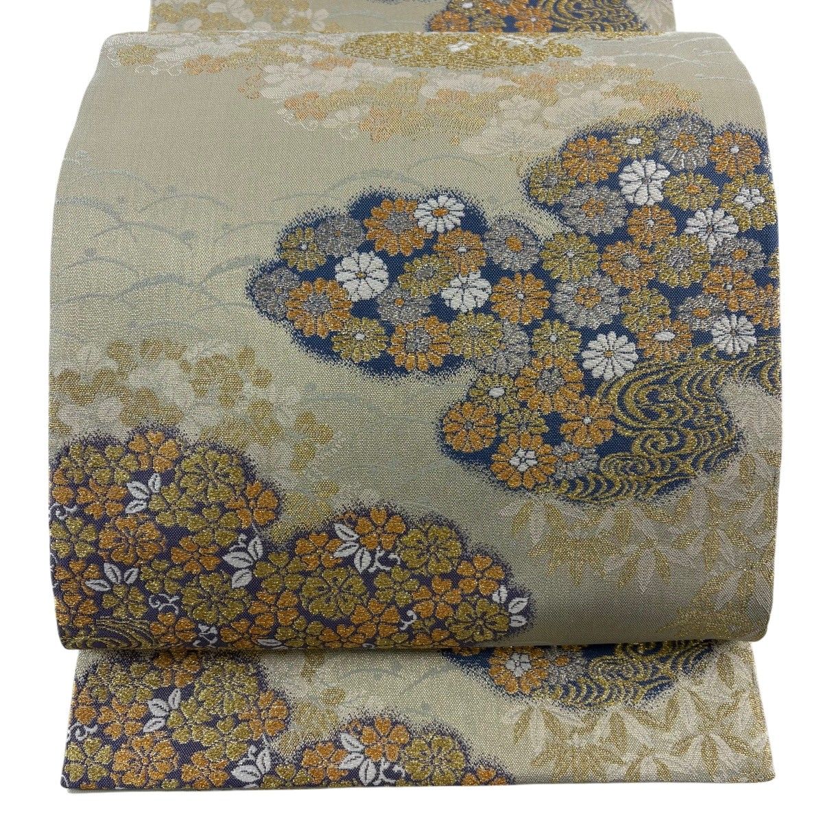 【美品】 袋帯 秀品 菊 雲文 金銀糸 箔 灰緑 六通 正絹 【中古】
