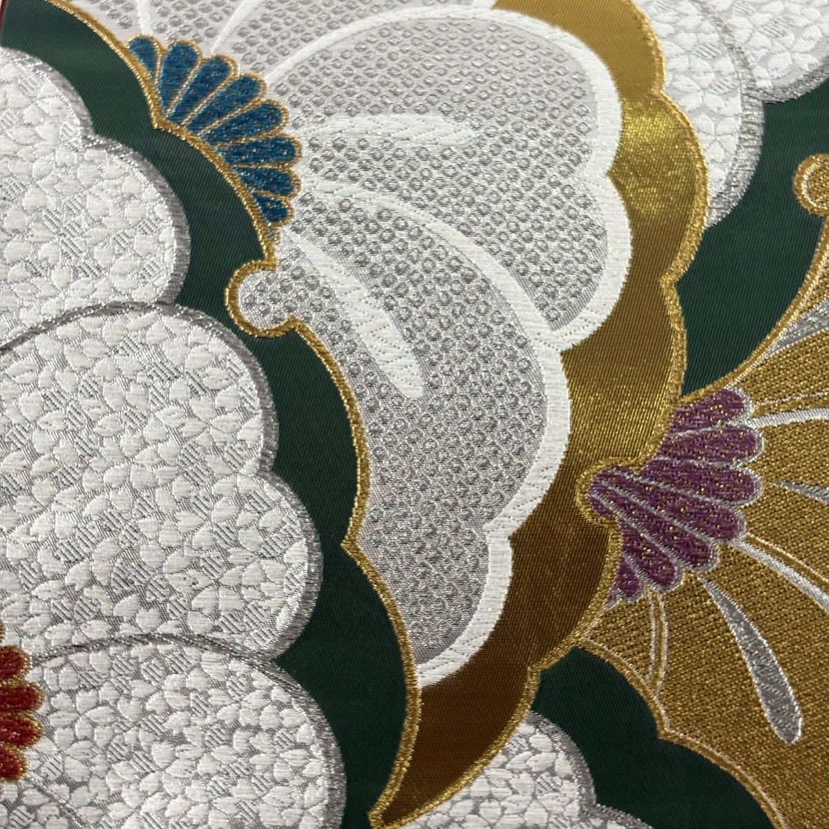 美品】 袋帯 秀品 振袖向き 花 雪輪 箔 金銀糸 灰色 六通 正絹 【中古 