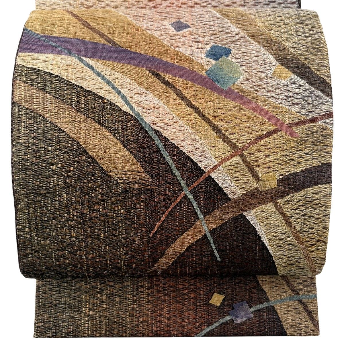 【美品】 袋帯 秀品 幾何学 金糸 茶色 お太鼓柄 正絹 【中古】
