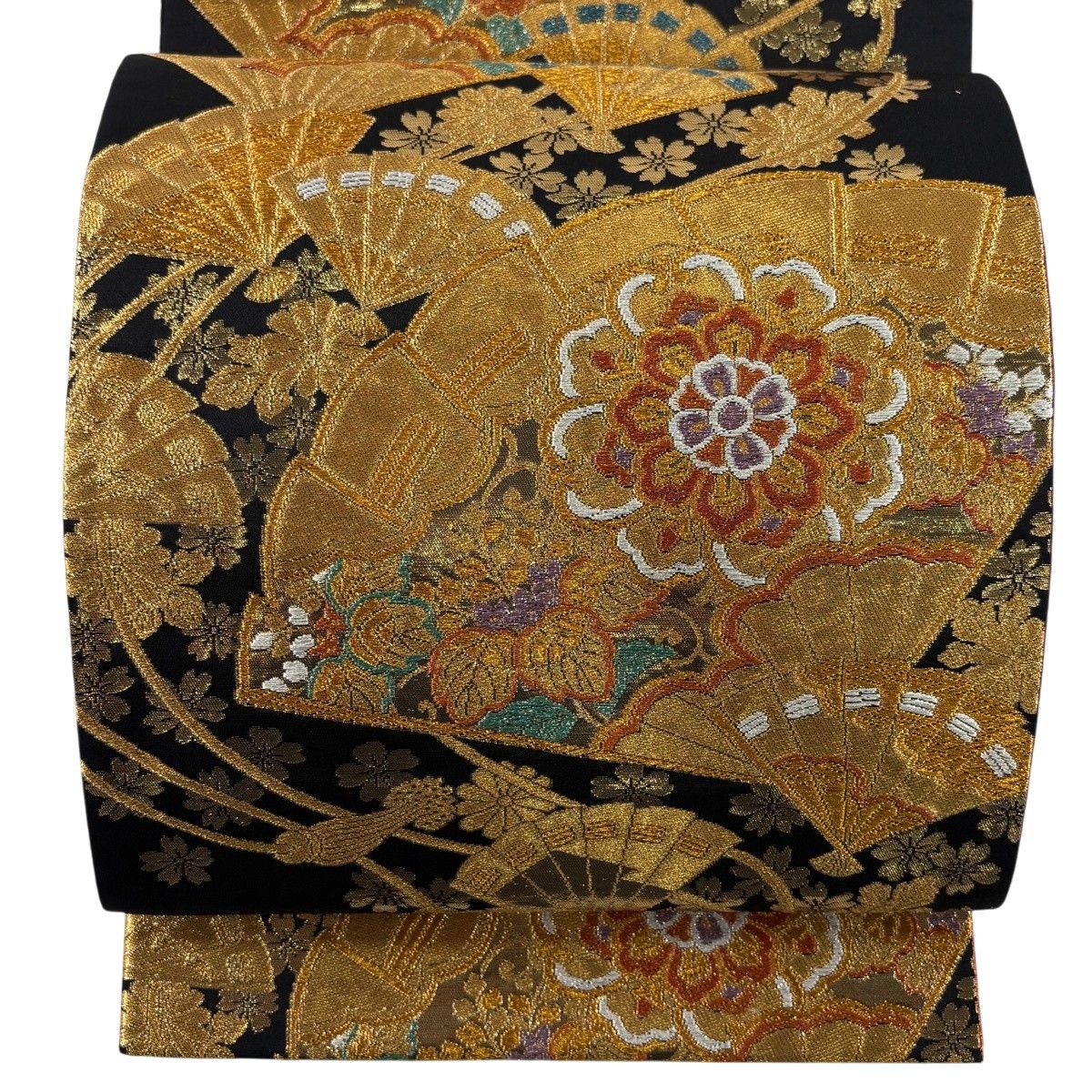 【美品】 袋帯 秀品 振袖向き 桧扇 華文 箔 金銀糸 黒 六通 正絹 【中古】