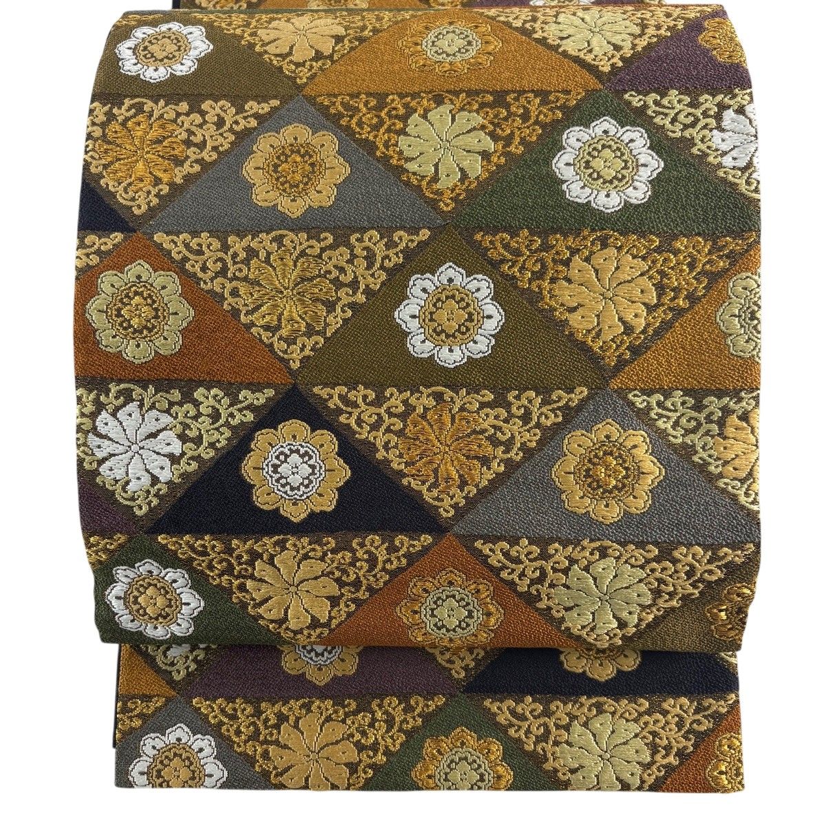 袋帯 秀品 鱗 華文 金糸 赤茶 六通 正絹 【中古】