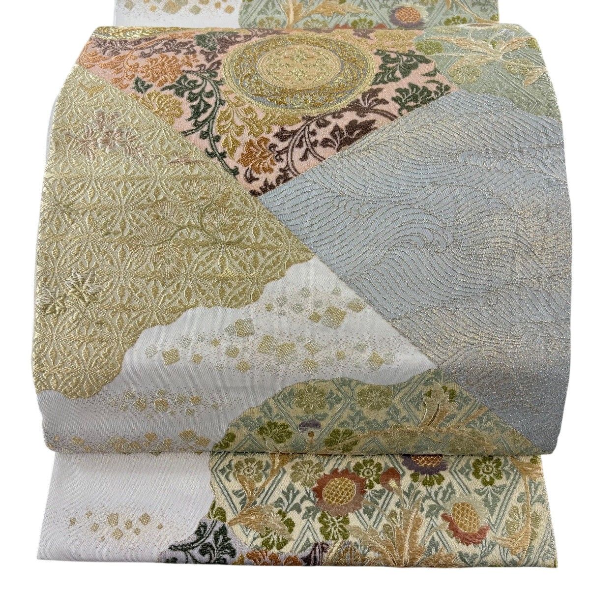 【美品】 袋帯 秀品 王朝裂取文様 花唐草 金銀糸 箔 ピンク 六通 正絹 【中古】