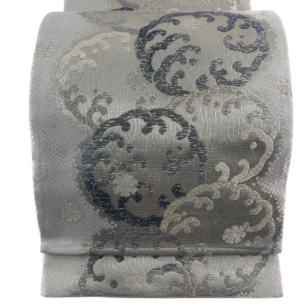 【美品】 袋帯 秀品 関西仕立て 波頭 雪輪 銀通し 箔 灰白 六通 正絹 【中古】