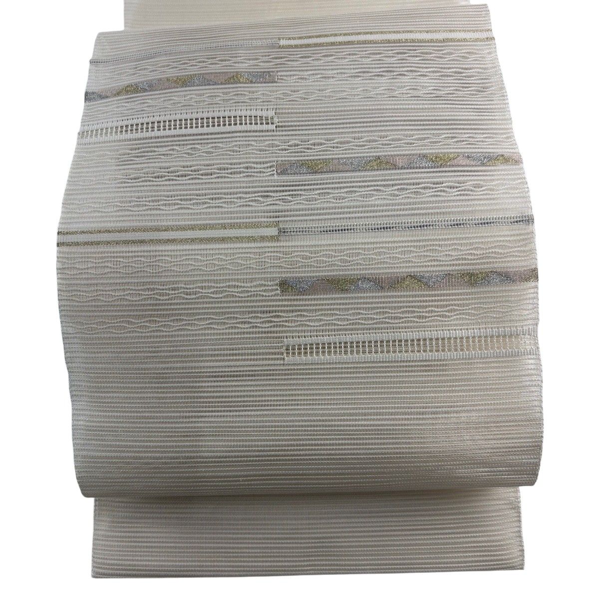 【美品】 名古屋帯 秀品 夏帯 絽 松葉仕立て 八寸名古屋帯 トンネル仕立て 横段 幾何学模様 金銀糸 ベージュ 正絹 【中古】
