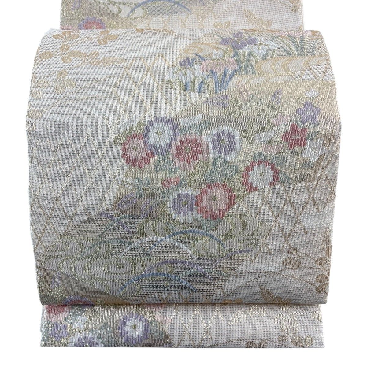 【美品】 袋帯 秀品 鈴乃屋 夏帯 絽 扇面 草花 箔 クリーム 六通 正絹 【中古】