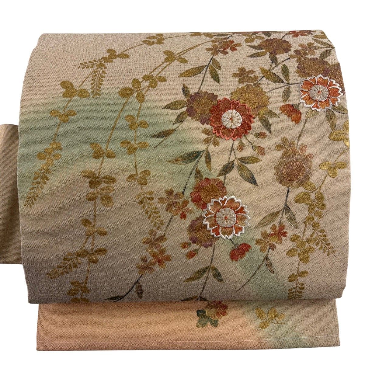 名古屋帯 秀品 関西仕立て 桜 萩 刺繍 金糸 薄茶色 正絹 【中古】