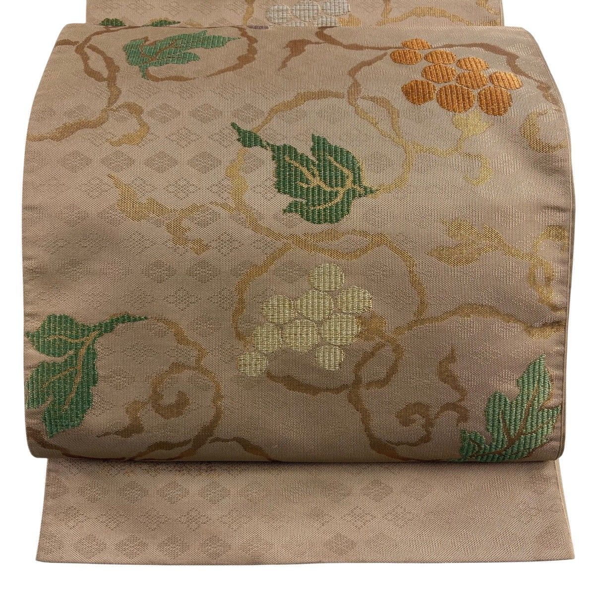 【美品】 袋帯 秀品 証紙 葡萄唐草 箔 金糸 薄茶色 全通 正絹 【中古】