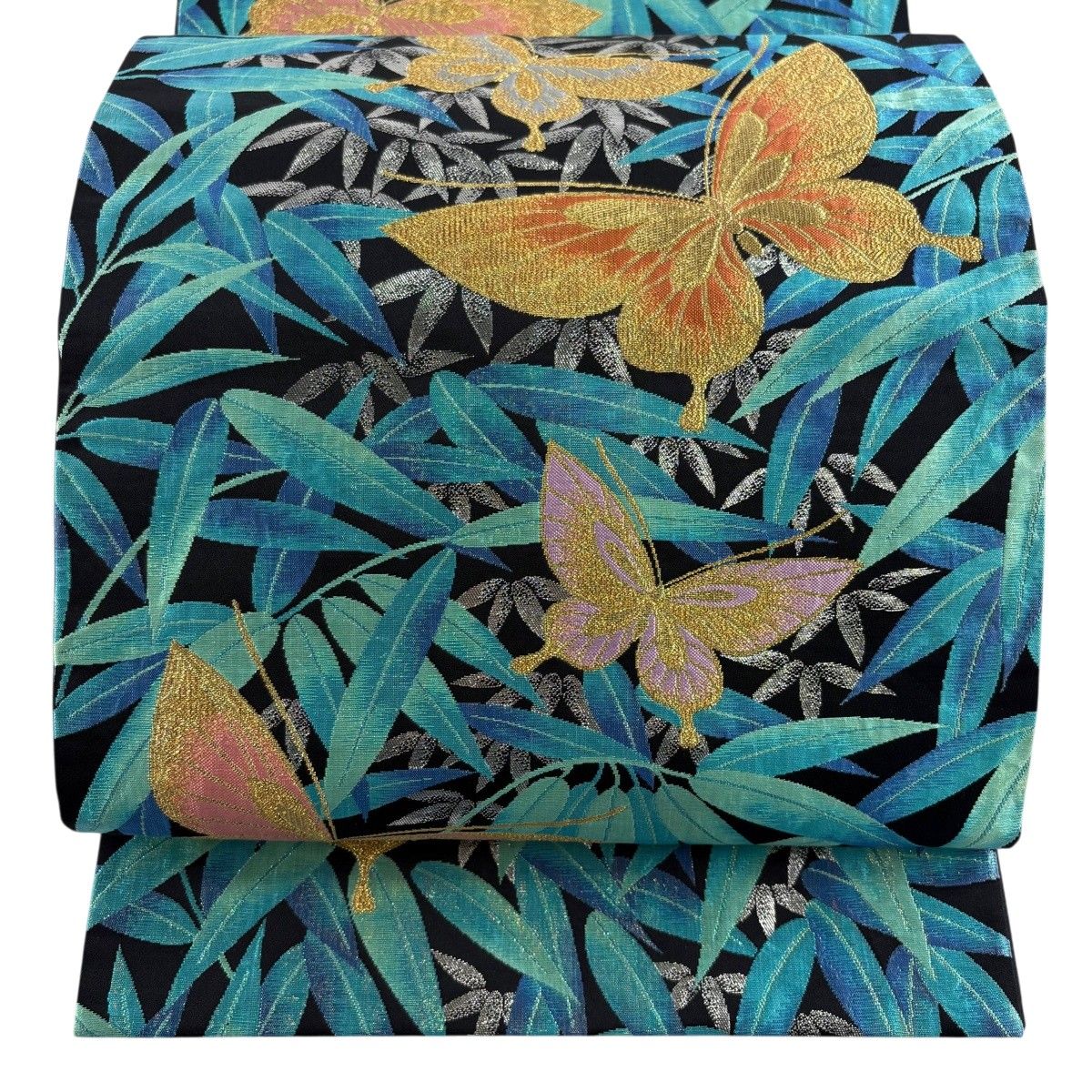 【美品】 袋帯 秀品 蝶 笹 箔 金糸 黒 六通 正絹 【中古】