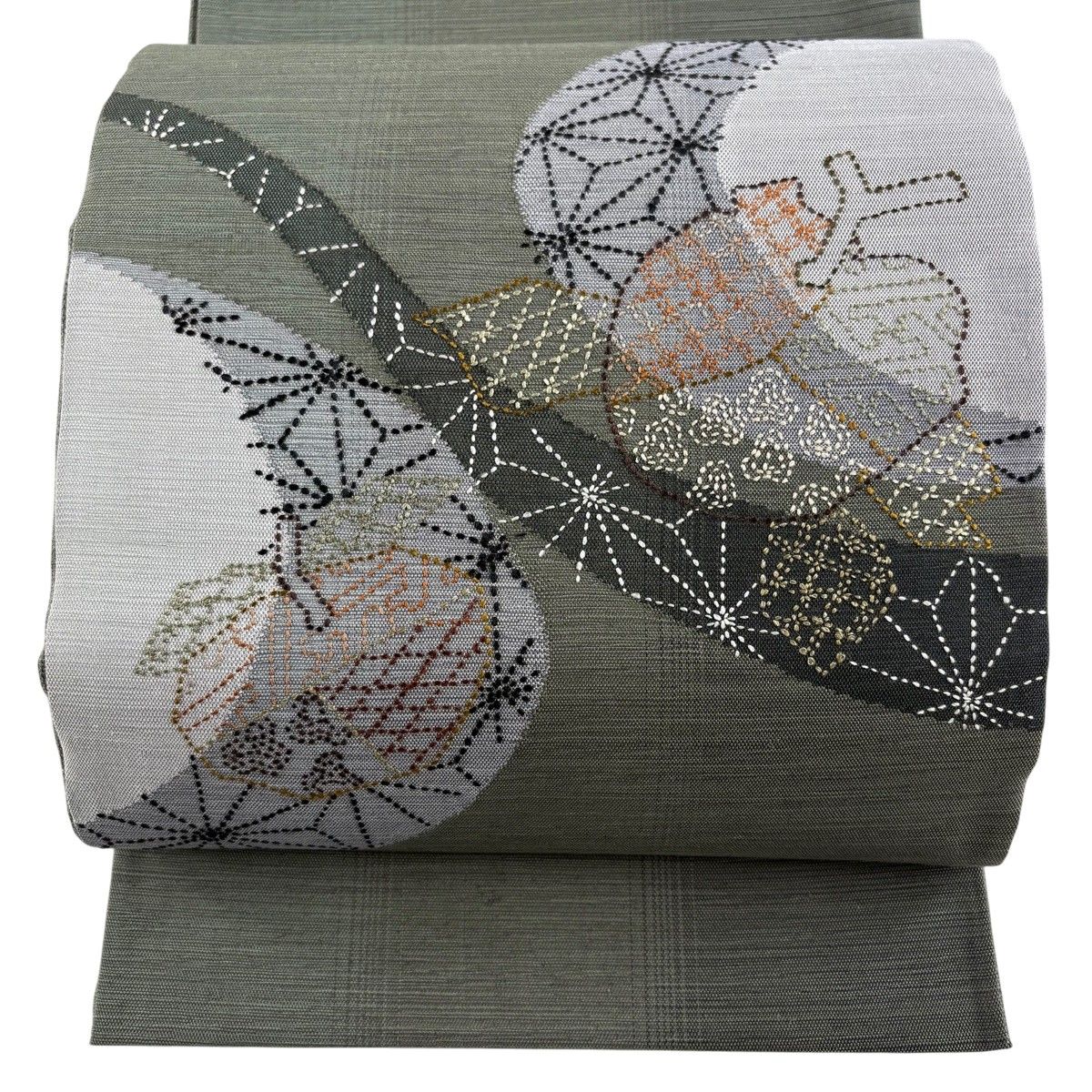 【美品】 袋帯 秀品 生り物 麻の葉 刺し子刺繍 灰緑 お太鼓柄 正絹 【中古】