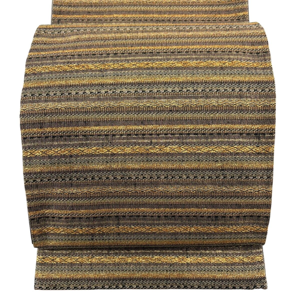 【美品】 袋帯 秀品 縞 幾何学模様 銀通し 箔 焦茶色 全通 正絹 【中古】 7,040円