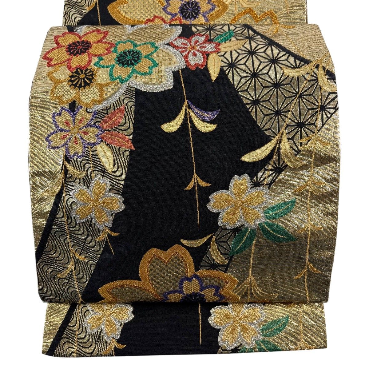 袋帯 秀品 振袖向き 桜 麻の葉 金糸 箔 黒 六通 正絹 【中古】