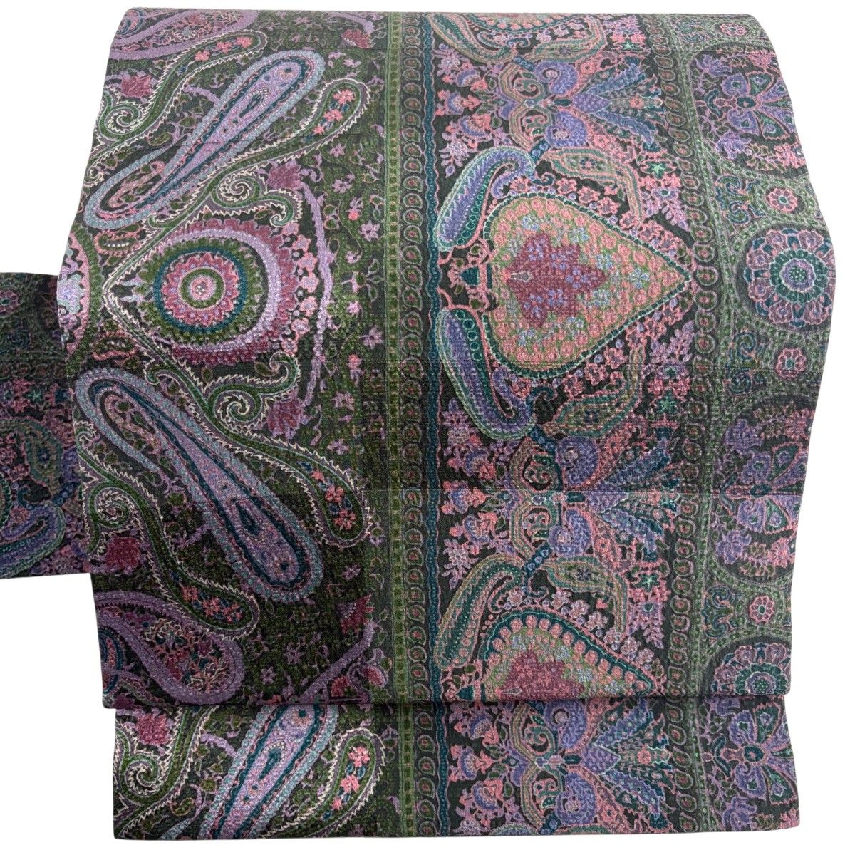 【美品】 名古屋帯 秀品 ペイズリー 草花 深緑 正絹 【中古】