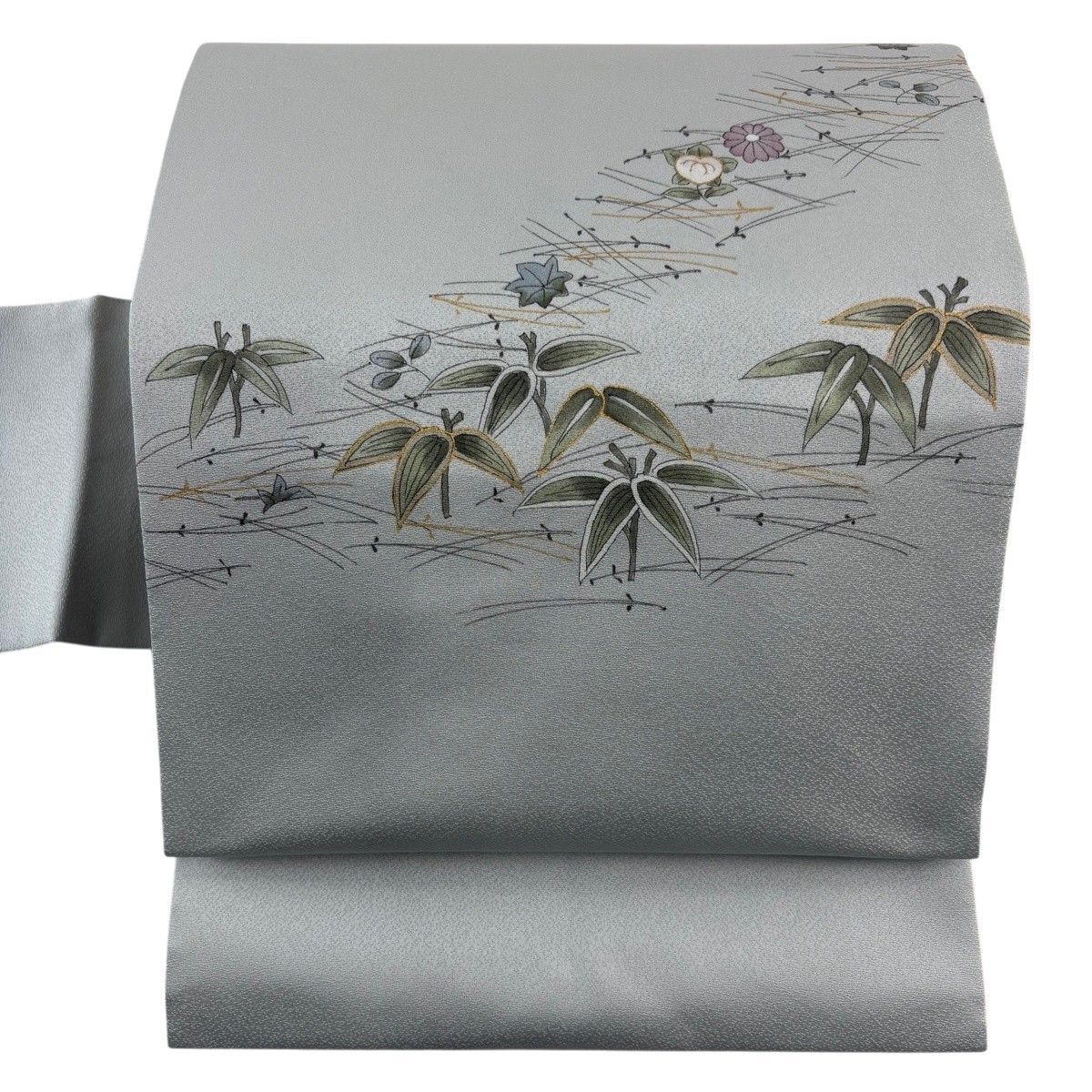 【美品】 名古屋帯 秀品 落款 笹 松葉 金彩 青灰色 正絹 【中古】