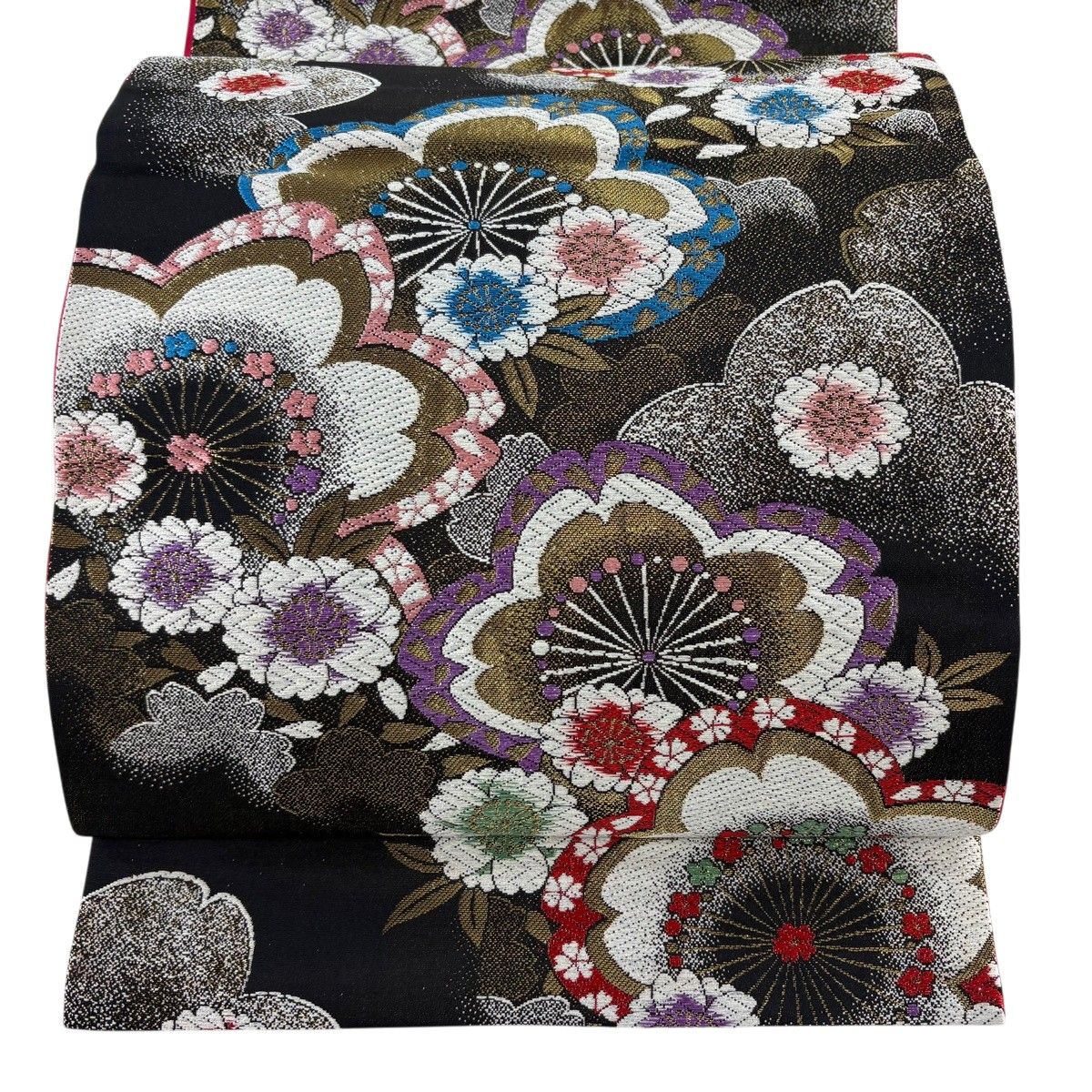 袋帯 秀品 桜 花びら 唐織 箔 黒 六通 正絹 【中古】
