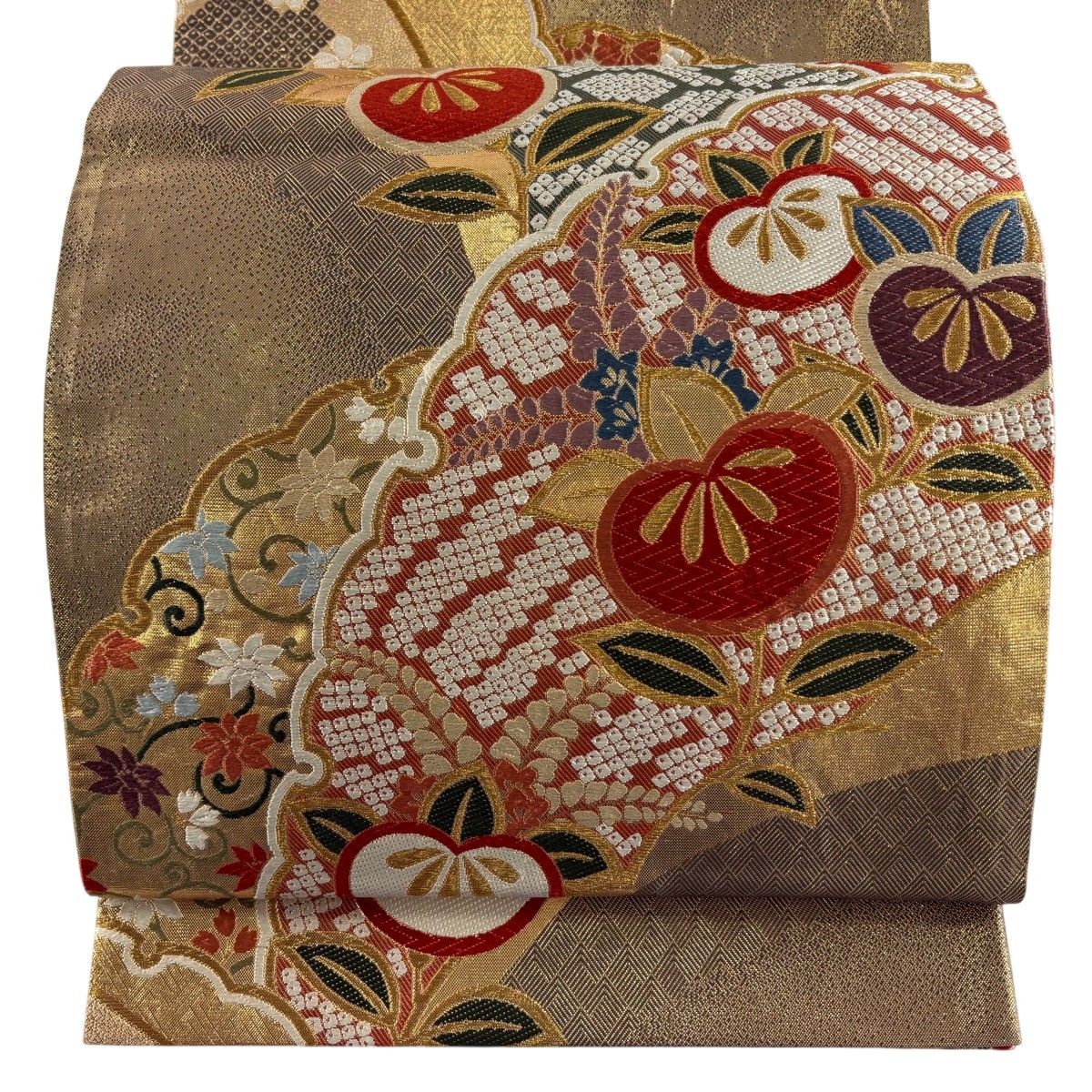 【美品】 袋帯 秀品 橘 雪輪 箔 唐織 金色 六通 正絹 【中古】