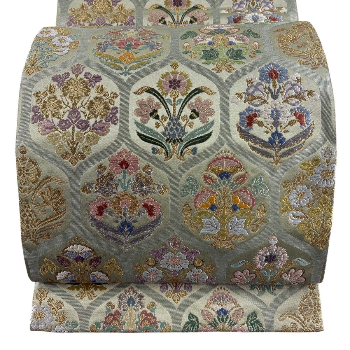 【美品】 袋帯 秀品 草花 幾何学模様 唐織 金銀糸 薄緑 六通 正絹 【中古】