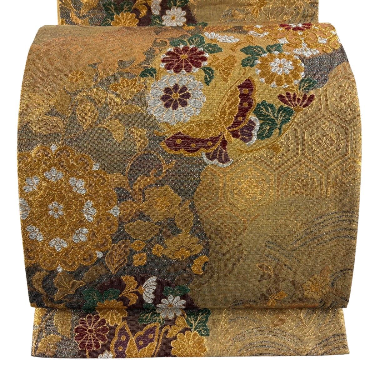 【美品】 袋帯 秀品 蝶 華文 箔 金糸 金色 六通 正絹 【中古】