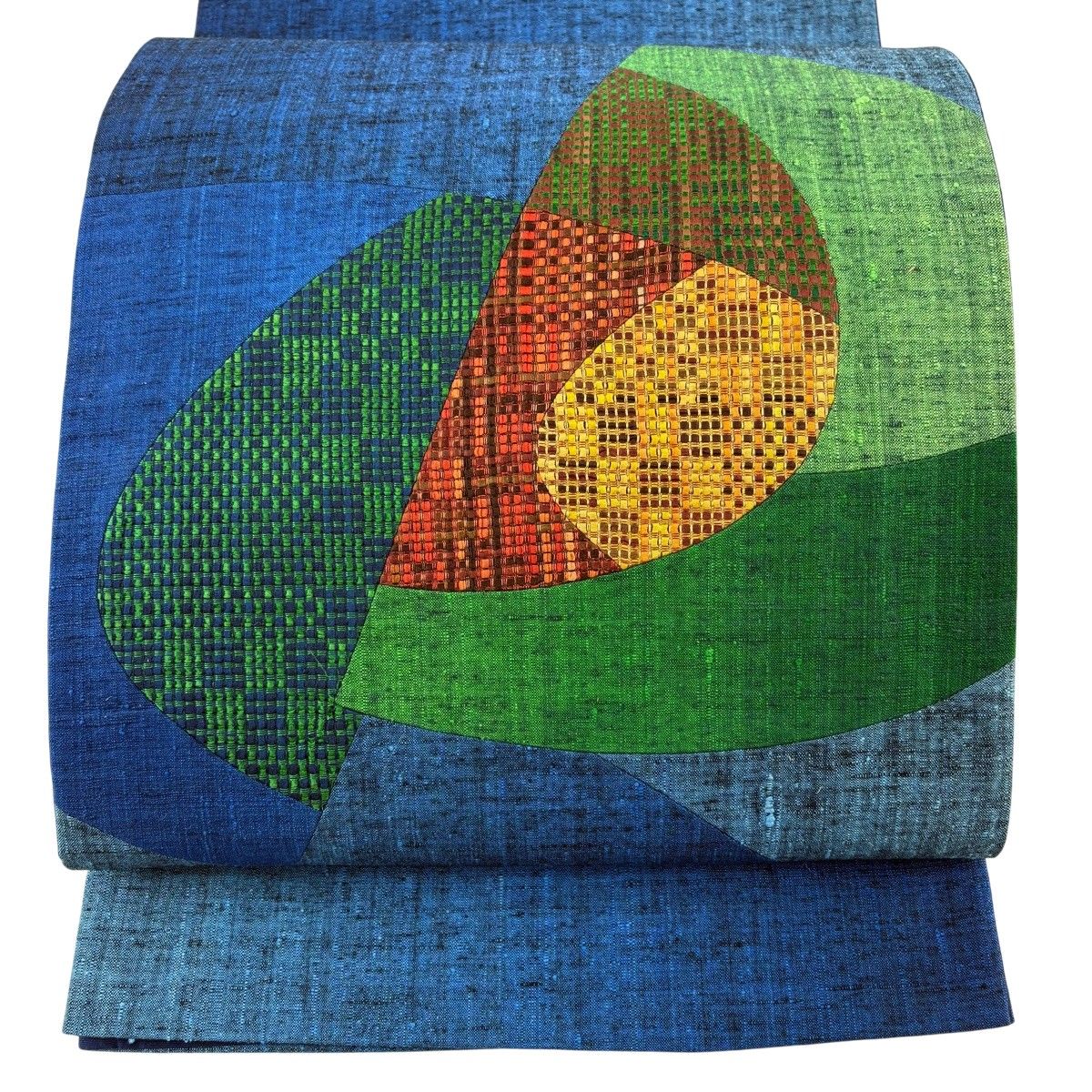 【美品】 袋帯 秀品 紬地 幾何学 切嵌め 青 お太鼓柄 正絹 【中古】