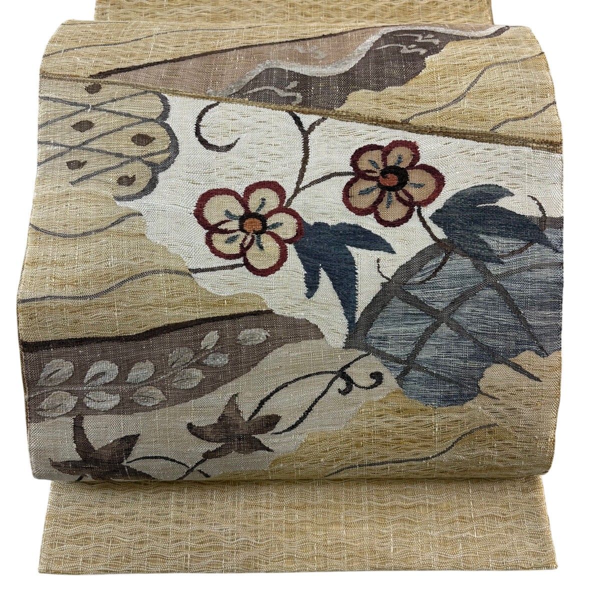 【美品】 袋帯 秀品 梅 葉柄 薄茶色 お太鼓柄 正絹 【中古】