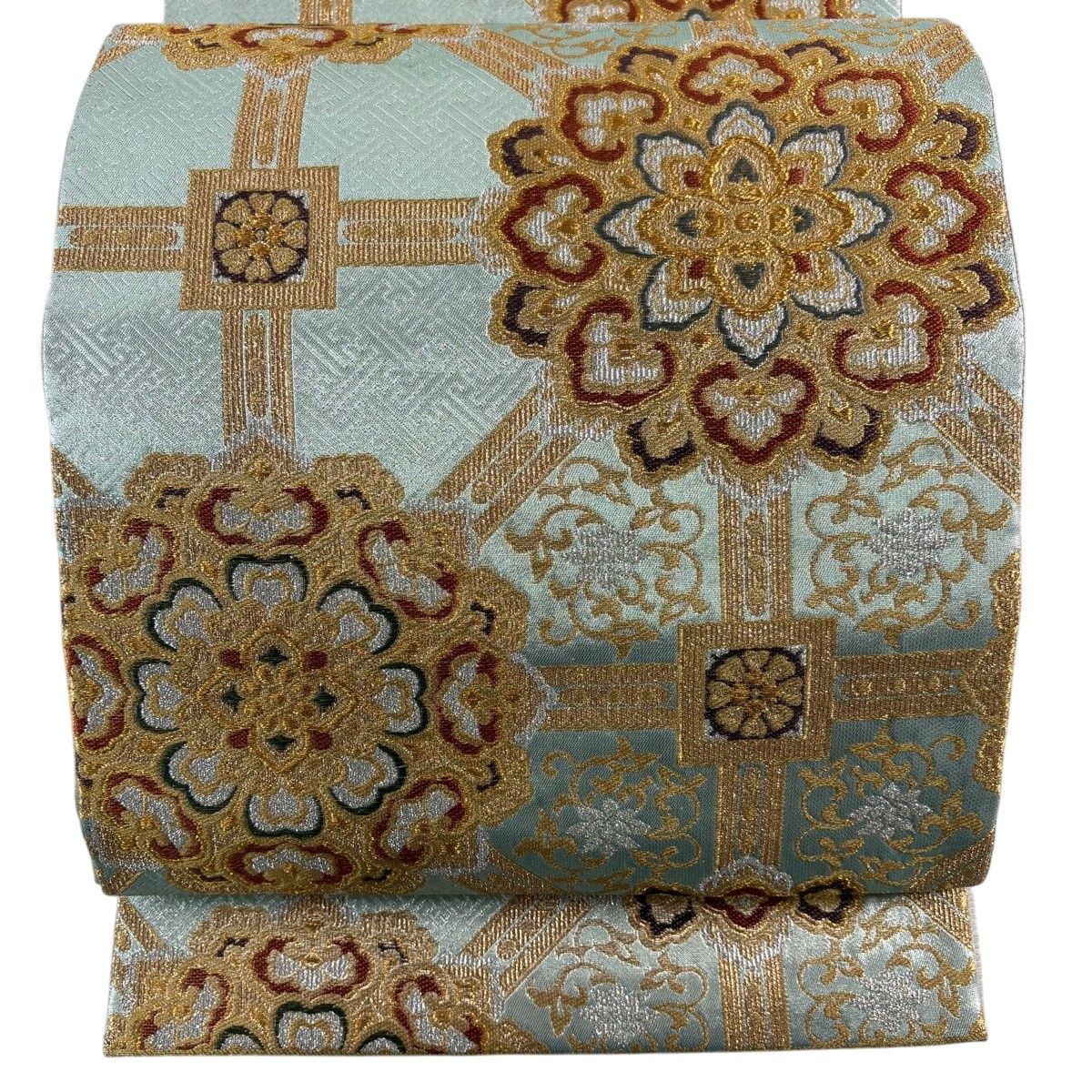 袋帯 秀品 華文 紗綾形 金糸 箔 薄緑 六通 正絹 【中古】