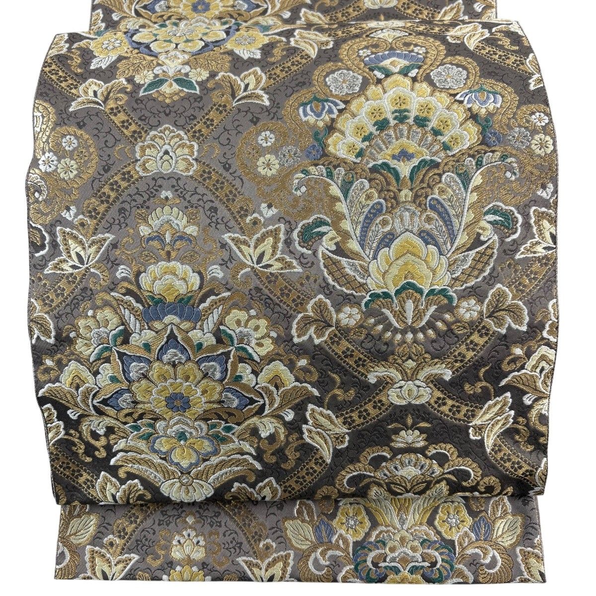【美品】 袋帯 秀品 服部織物 落款 華文 花唐草 金銀糸 灰茶 六通 正絹 【中古】