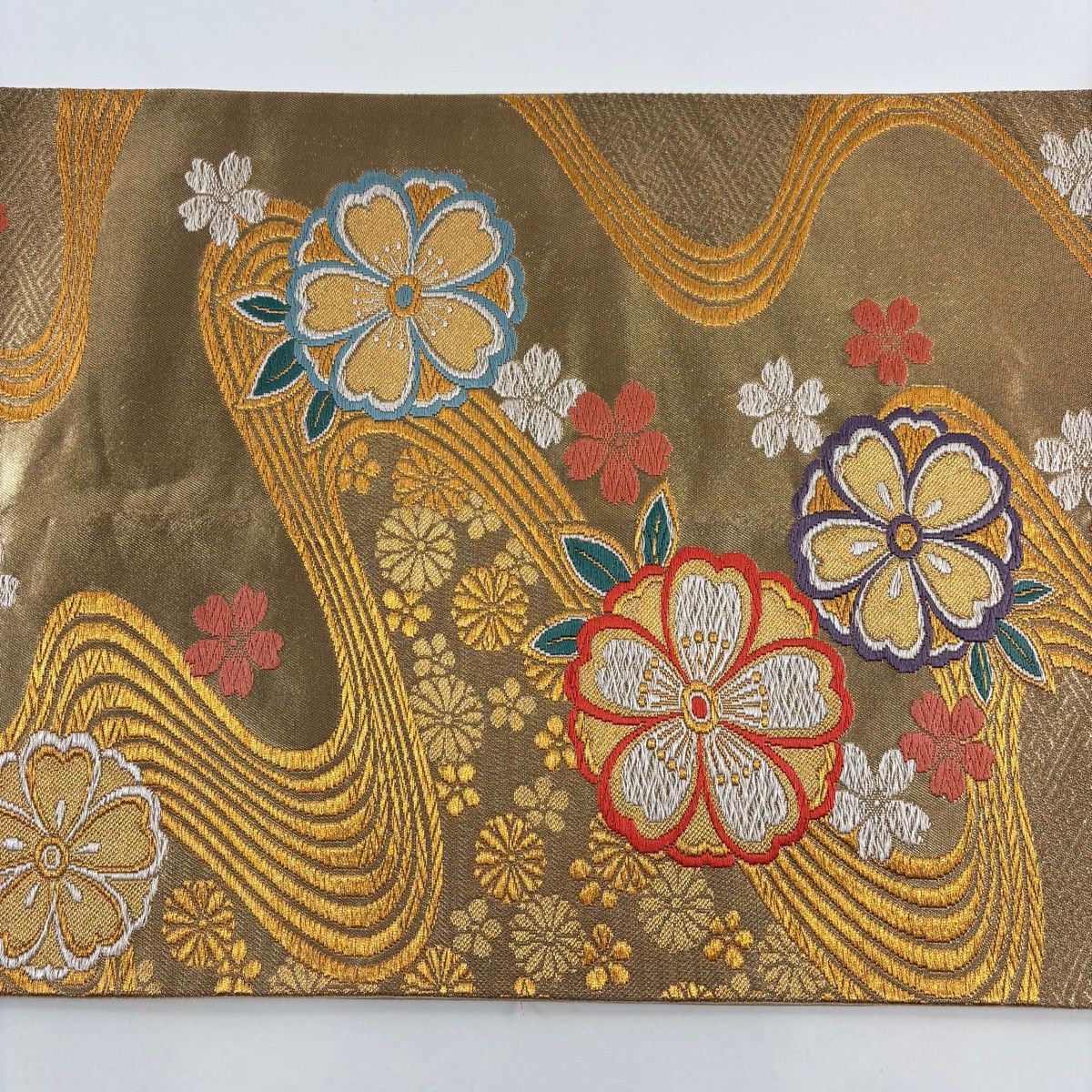 美品 袋帯 名品 桜 流水 銀通し 箔 薄紫 六通 正絹 中古 【中古】美品 