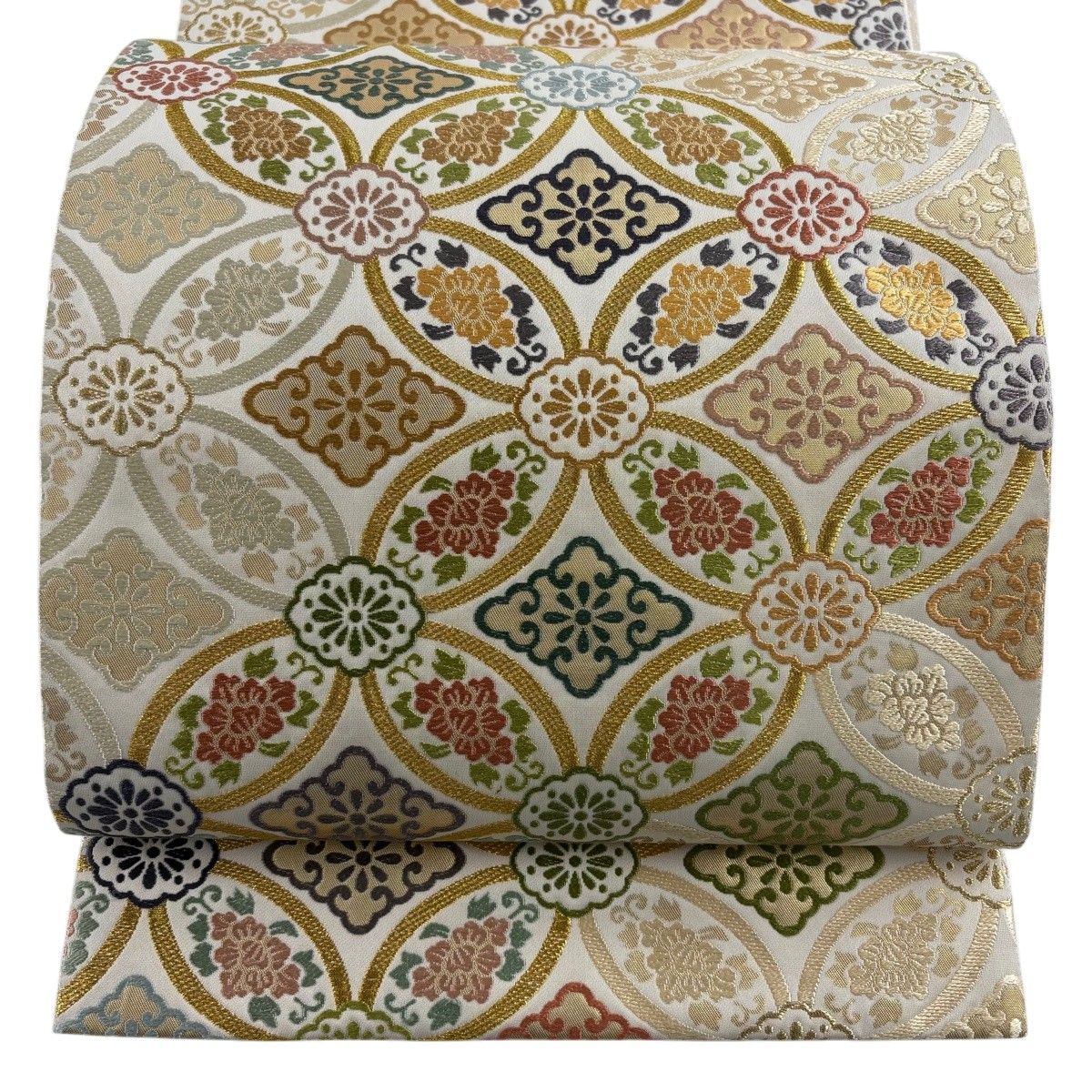 【美品】 袋帯 秀品 七宝 金糸 箔 クリーム 六通 正絹 【中古】