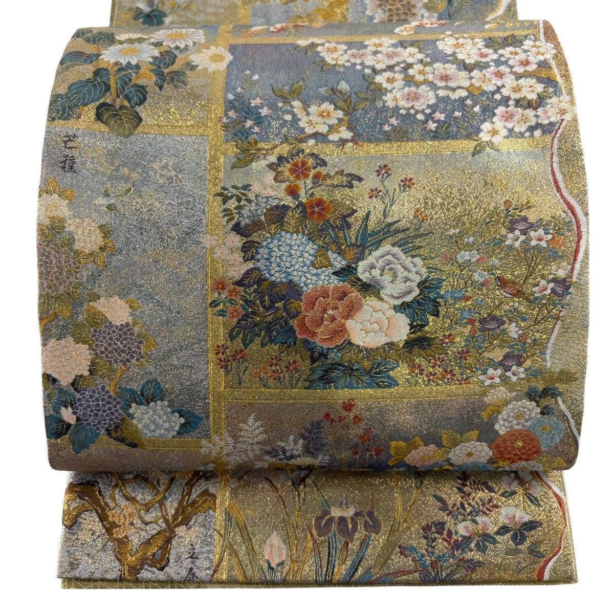 【美品】 袋帯 秀品 草花 桜 金糸 箔 青灰色 全通 正絹 【中古】