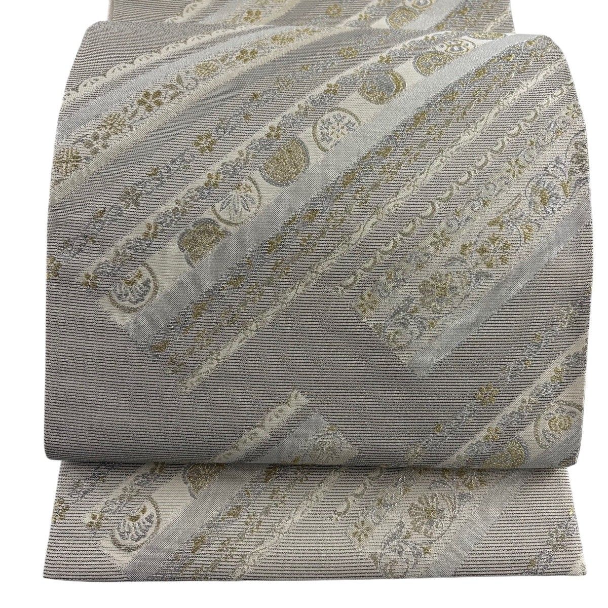 【美品】 袋帯 秀品 鈴乃屋 草花 金銀糸 クリーム 六通 正絹 【中古】