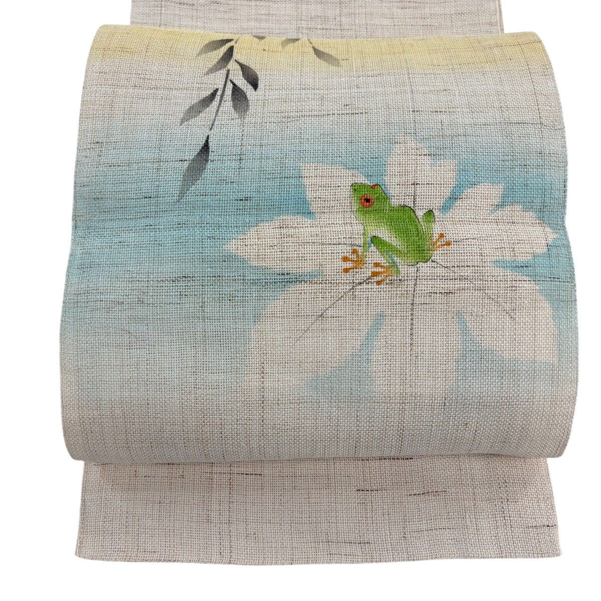 名古屋帯 逸品 夏帯 八寸名古屋帯 松葉仕立て 蛙 葉柄 ベージュ 正絹 【中古】