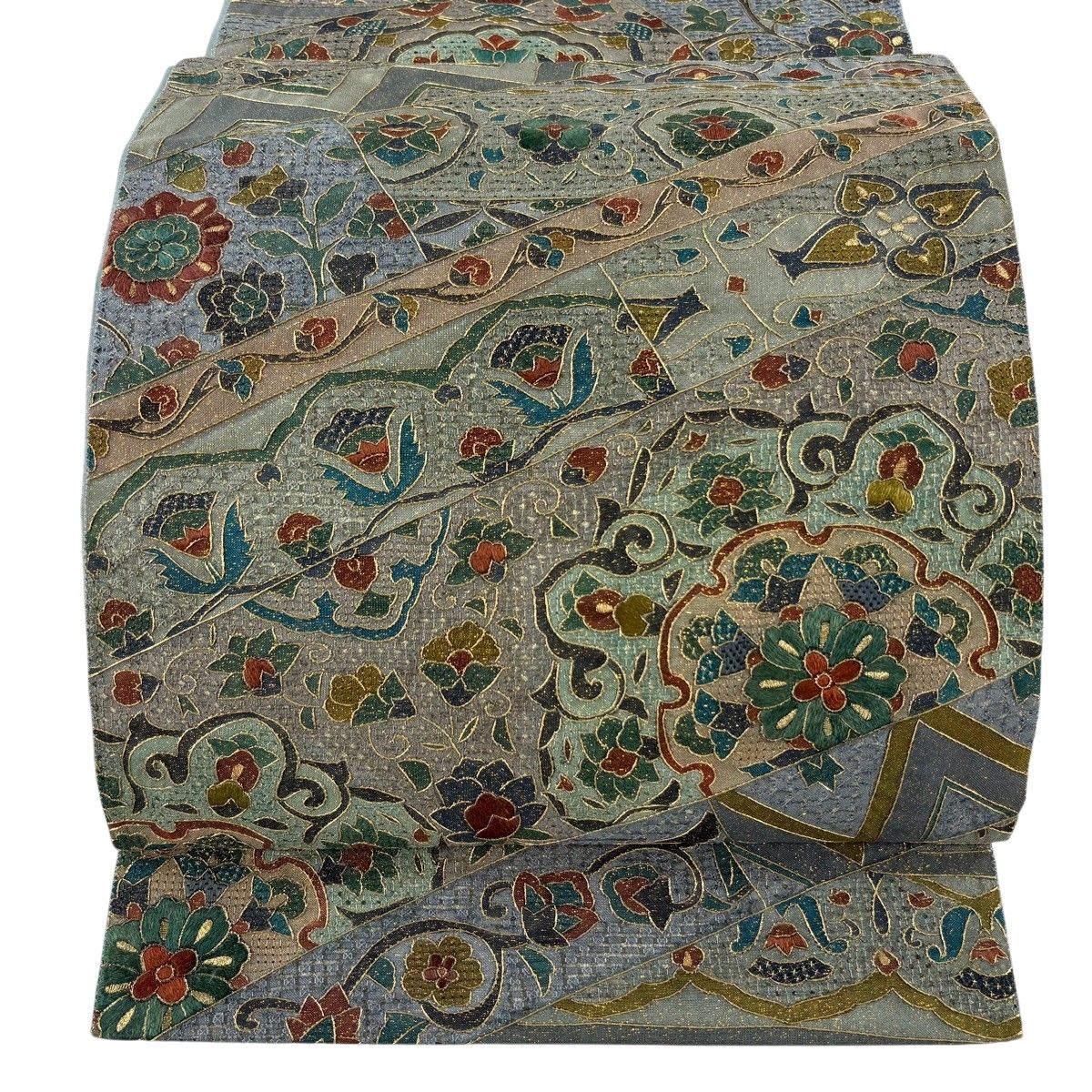 【美品】 袋帯 逸品 華文 草花 刺繍 金糸 灰緑 全通 正絹 【中古】
