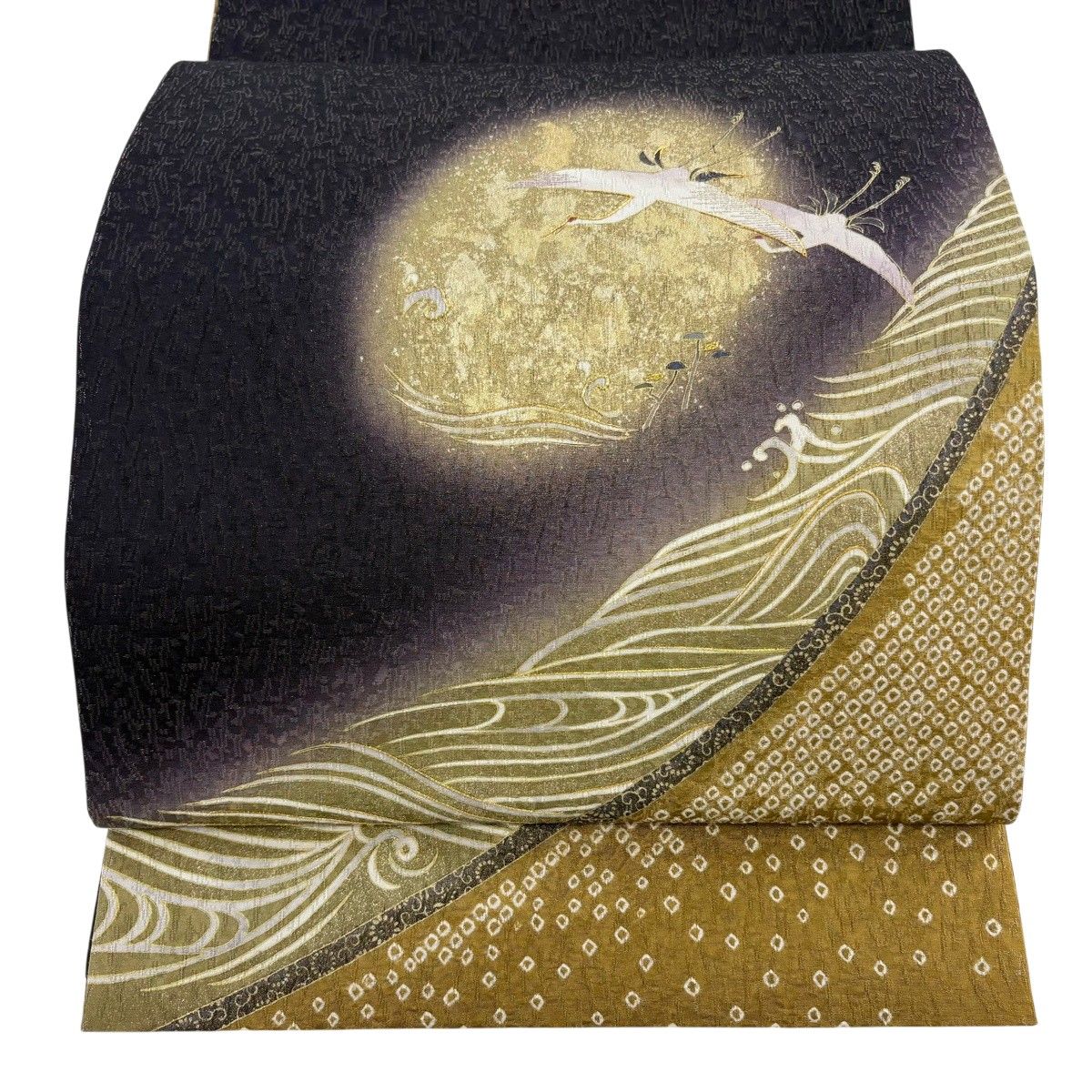 【美品】 袋帯 逸品 落款 大喜百花 鶴 波 金糸 金彩 濃紫 お太鼓柄 正絹 【中古】