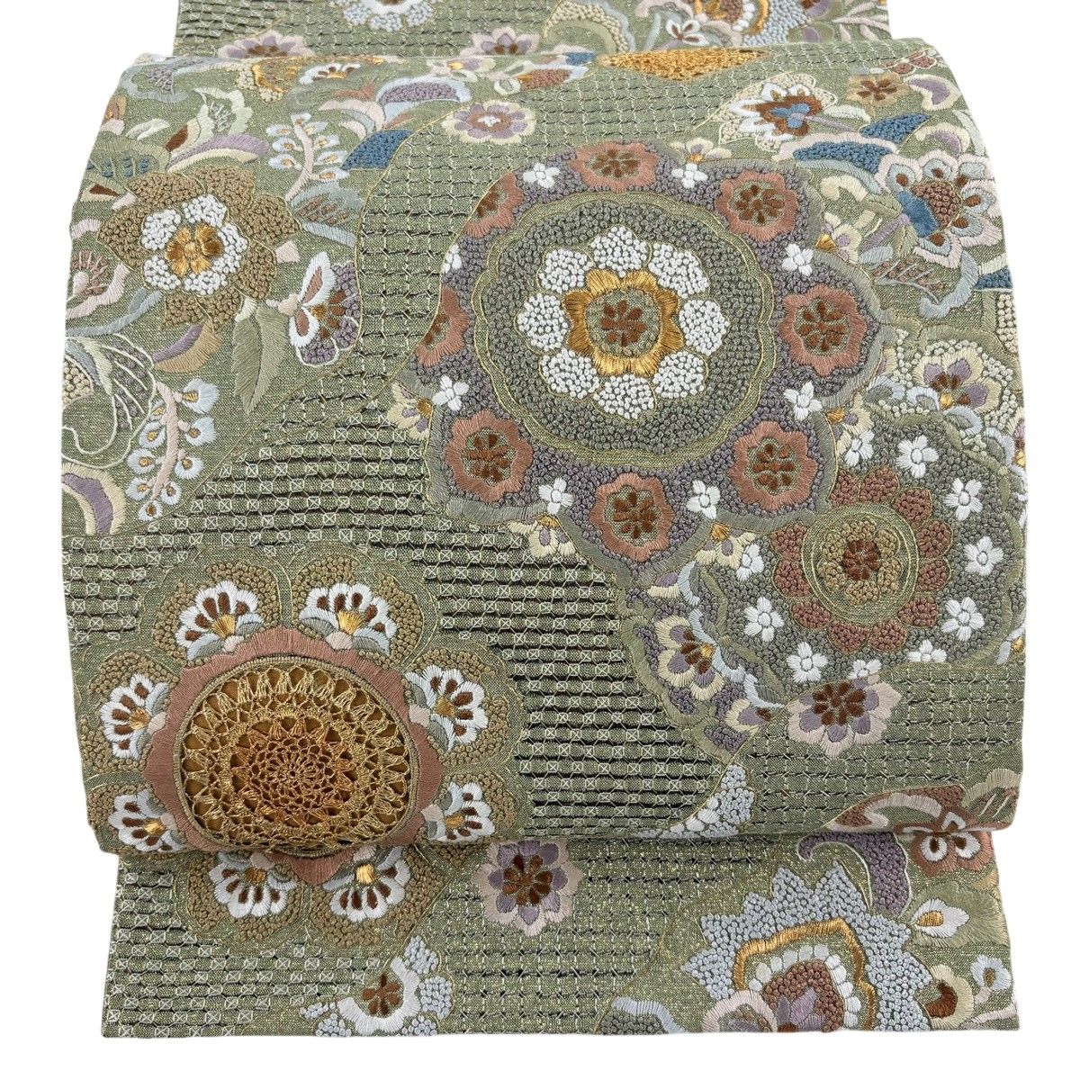 【美品】 袋帯 逸品 華文 草花 刺繍 金糸 灰緑 六通 正絹 【中古】