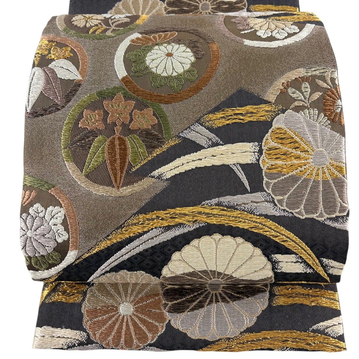 【美品】 袋帯 逸品 加納幸 落款 菊 芝 金銀糸 箔 焦茶色 六通 正絹 【中古】