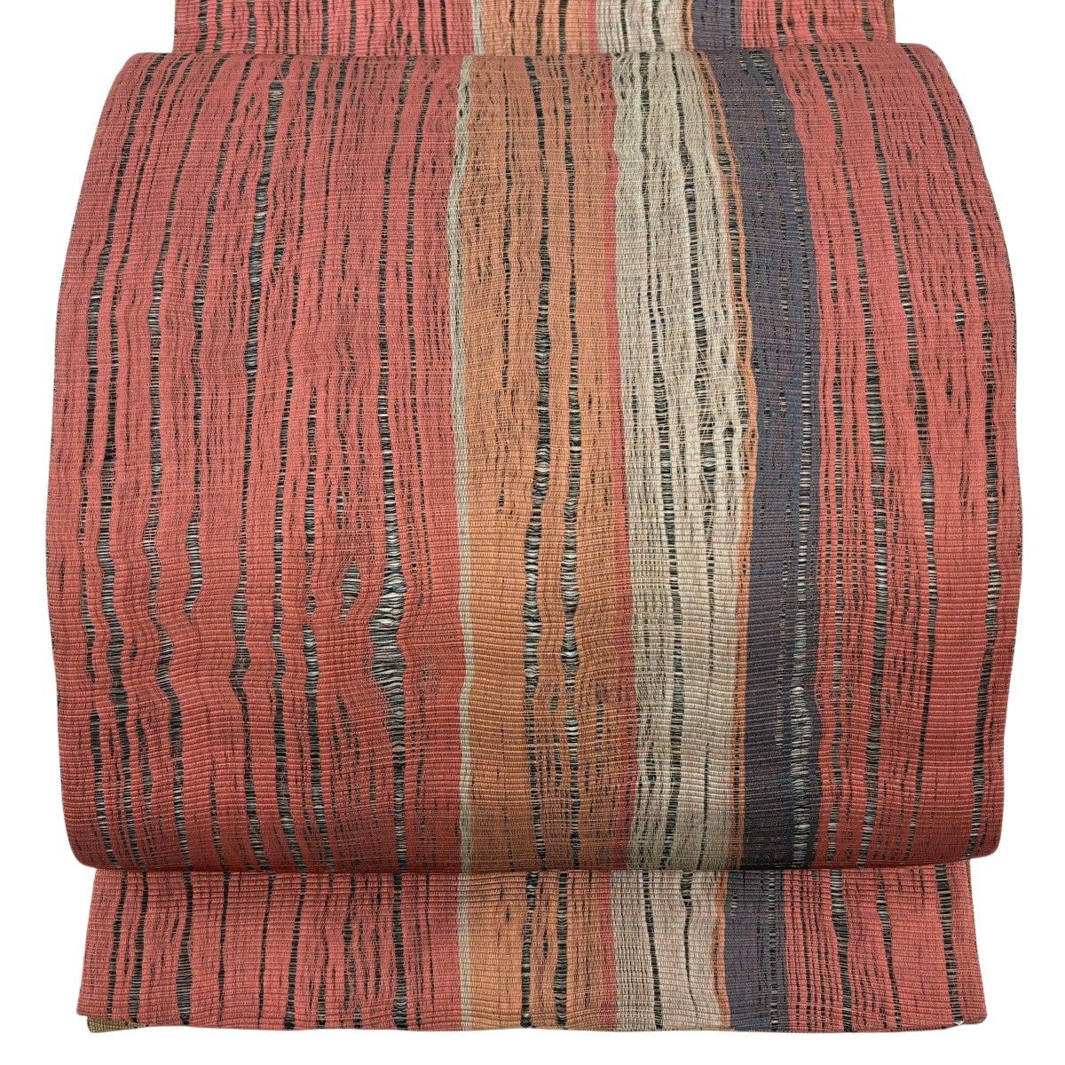 袋帯 逸品 縞 金糸 茜色 全通 正絹 【中古】