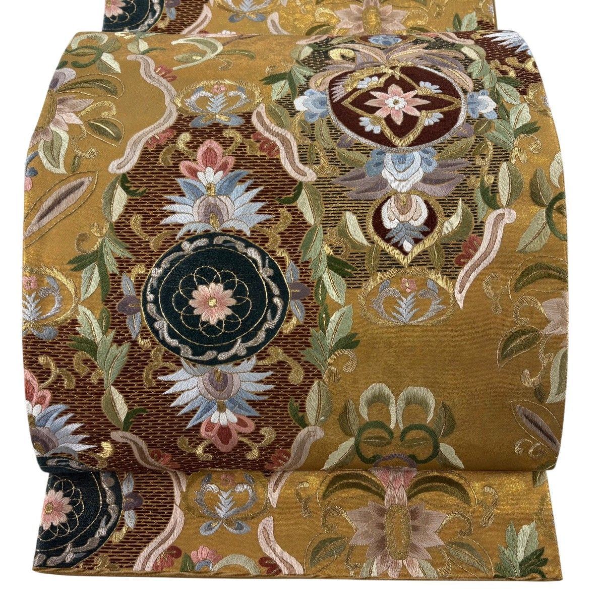 袋帯 逸品 関西仕立て 華文 幾何学模様 金銀糸 箔 金茶 六通 正絹 【中古】