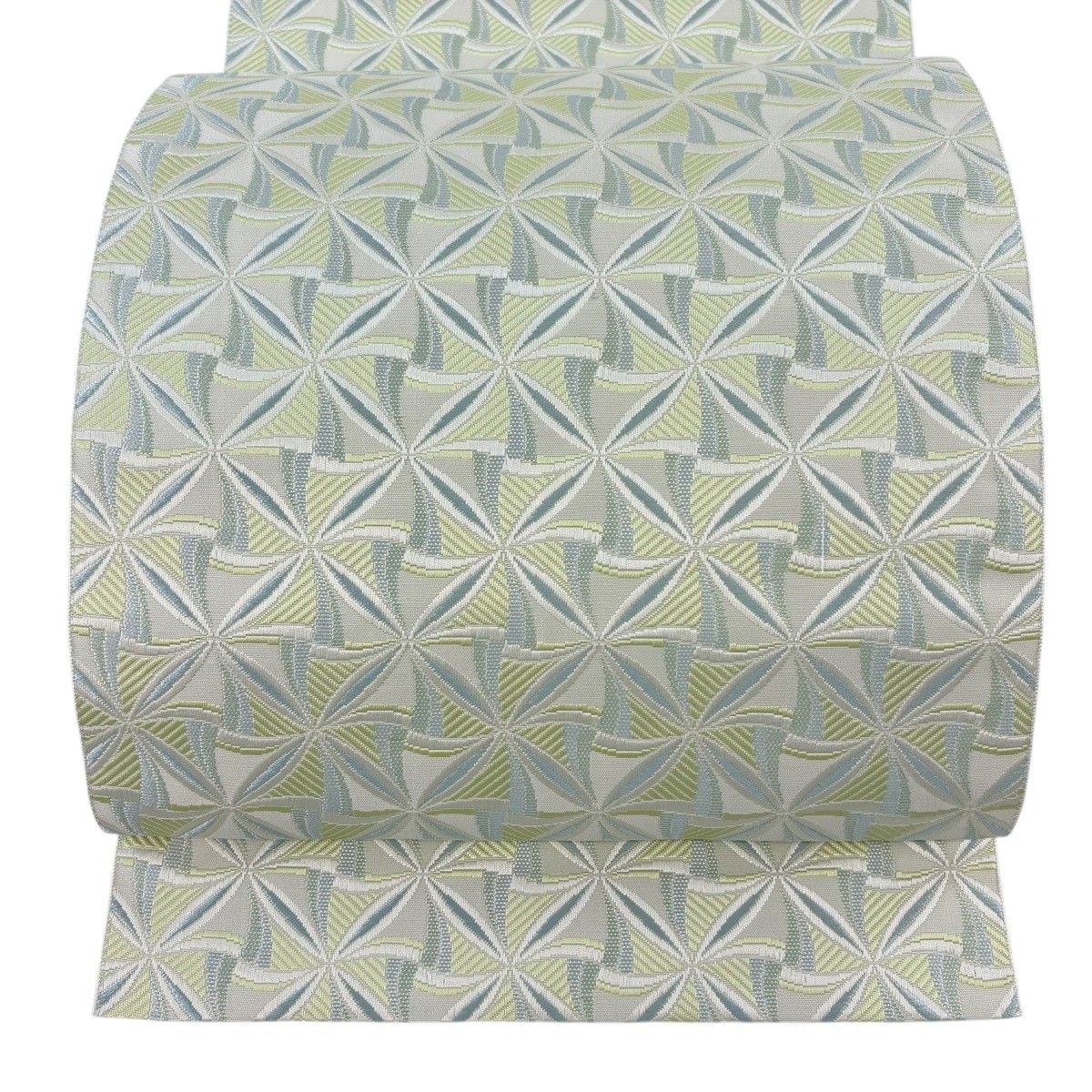 【美品】 名古屋帯 逸品 八寸名古屋帯 松葉仕立て 幾何学 薄緑 正絹 【中古】