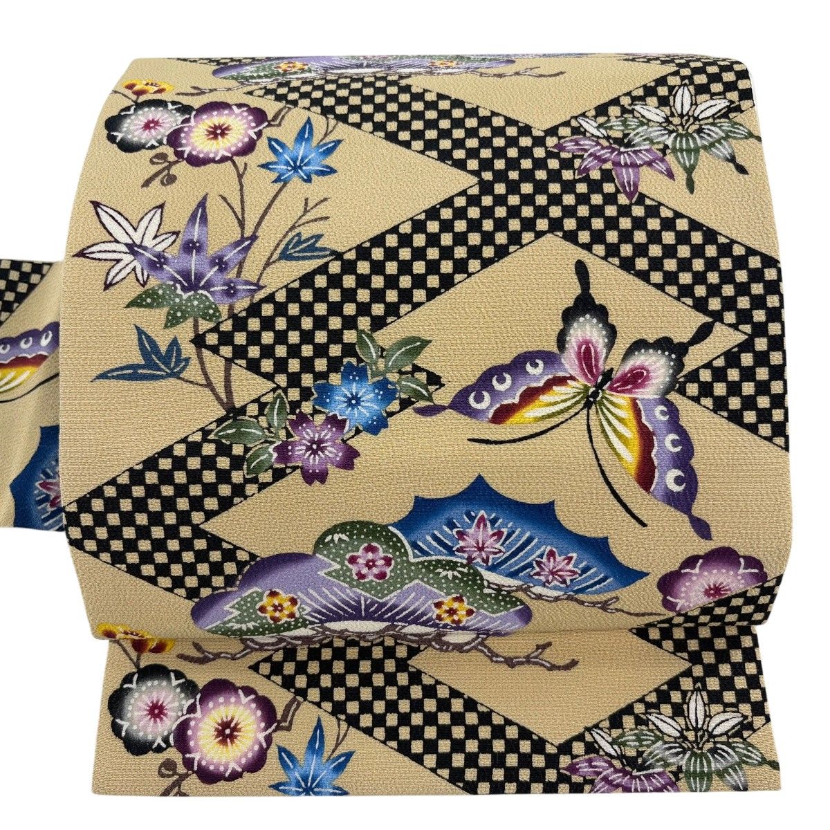 名古屋帯 逸品 蝶 草花 縮緬 薄茶色 正絹 【中古】