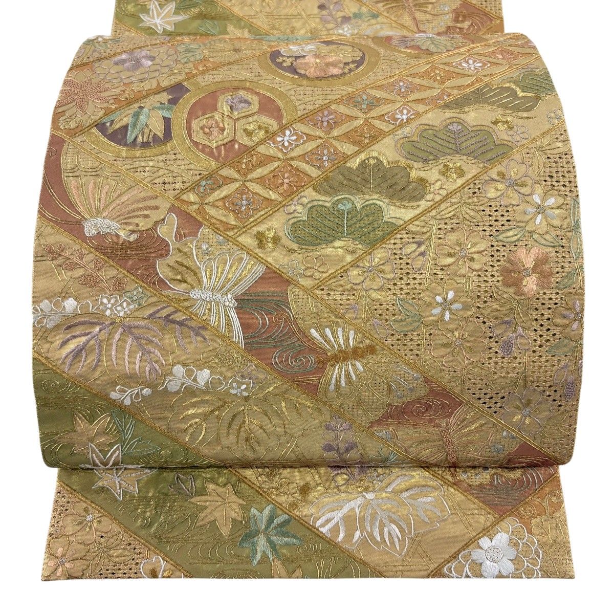 袋帯 逸品 草花 鎌倉文 金銀糸 箔 金色 六通 正絹 【中古】