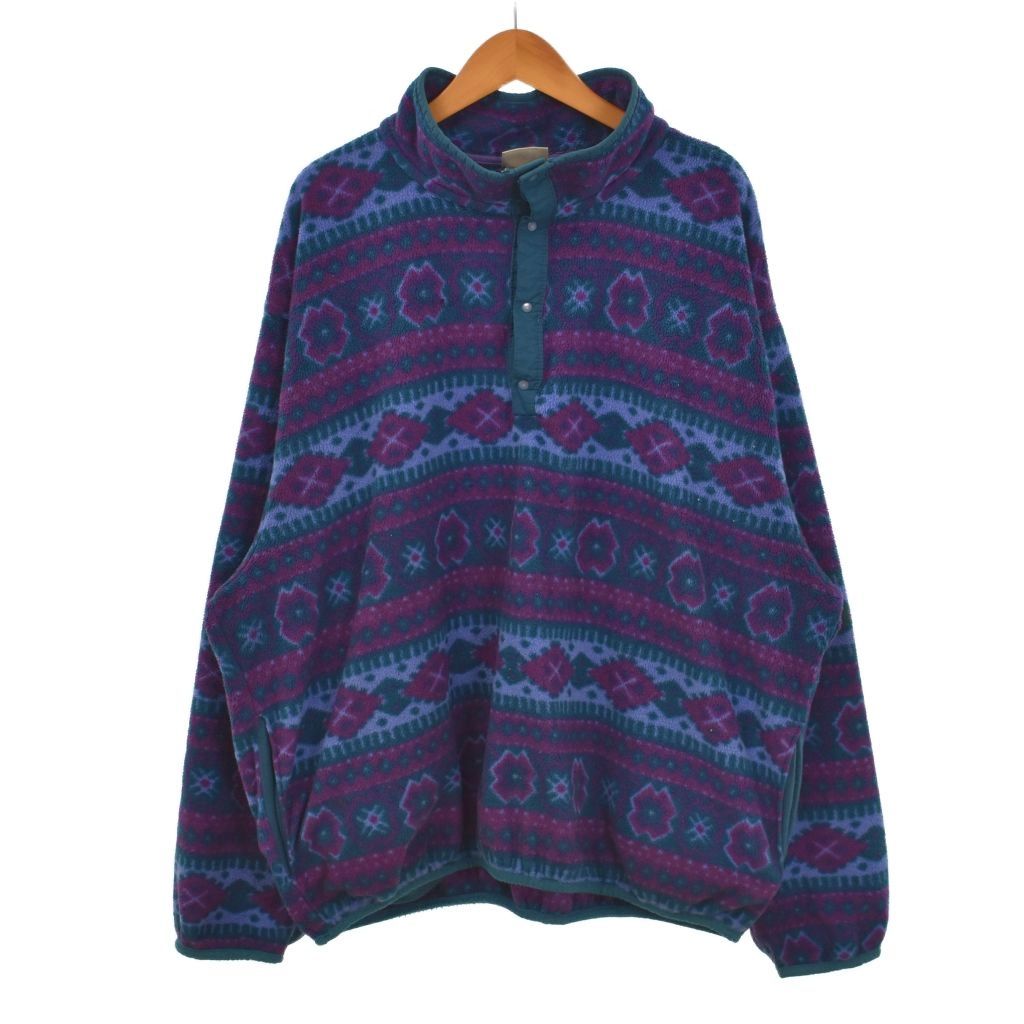 エルエルビーン L.L.BEAN フリースジャケット ハーフスナップボタン スナップT ボア ハイネック プルオーバー 幾何学模様 総柄 緑 エメラルドグリーン 紫 パープル
