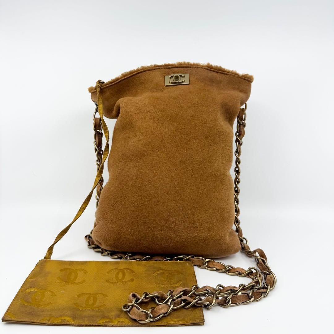 美品】CHANEL シャネル チェーン ショルダーバッグ ムートン ブラウン