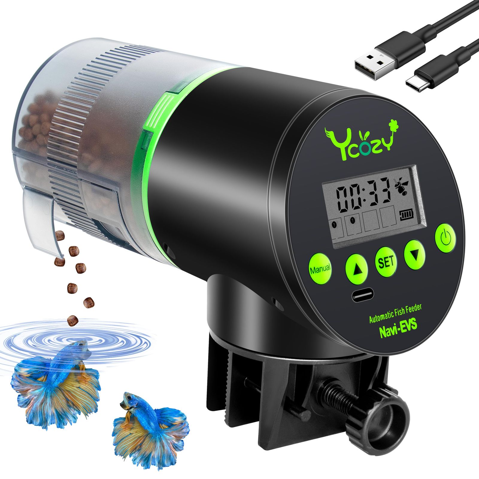 【新品】Ycozy 自動給餌器 魚 USB充電式 自動餌やり機 水槽 オートフィーダー 熱帯魚 観賞魚 亀 えさやりき 金魚 静音 餌やり器 防湿設計 取り付け簡単 360°回転 Navi-EVS ed38f429