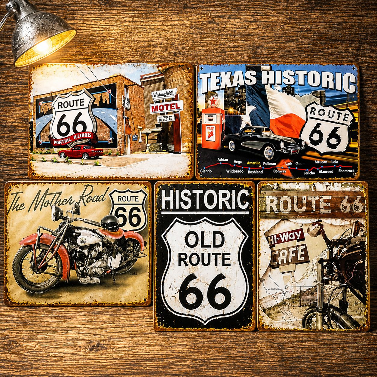 写真中央 ROUTE66 インテリアプレート 5枚セット】ルート66 メタルプレート ヴィンテージ看板 バイク ブリキ