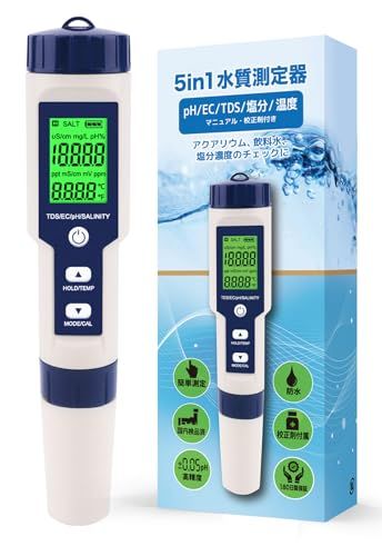 FieldNew 【国内ブランド】防水 水質測定器 (pH/EC/TDS/塩分/温度) 国内品質検査済 保証書付き 高精度 自動校正 5 in 1 簡単操作マニュアル 校正剤付き 水槽管理 純水器フィルター 減塩レシピkk