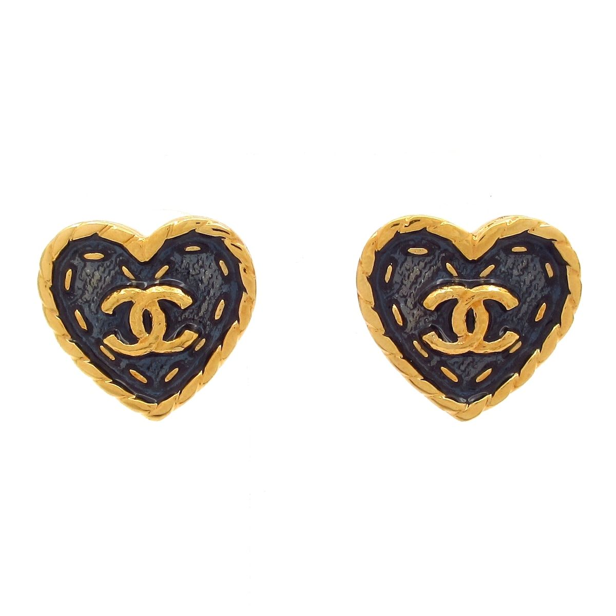 CHANEL(シャネル) ピアス美品 ココマーク ネイビー×ゴールド ハート