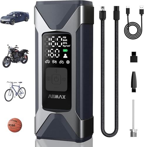ASMAX 自転車 空気入れ 電動空気入れ バイク 車 エアーポンプ 2500mAh×3 大容量バッテリー 最大圧力160PSI タイヤ空気圧検知 50cmクイックリリースエアホース 自動停止 米式/仏式/英式 浮き輪バルブ対応 モバイルコンプレッサ 国内発送