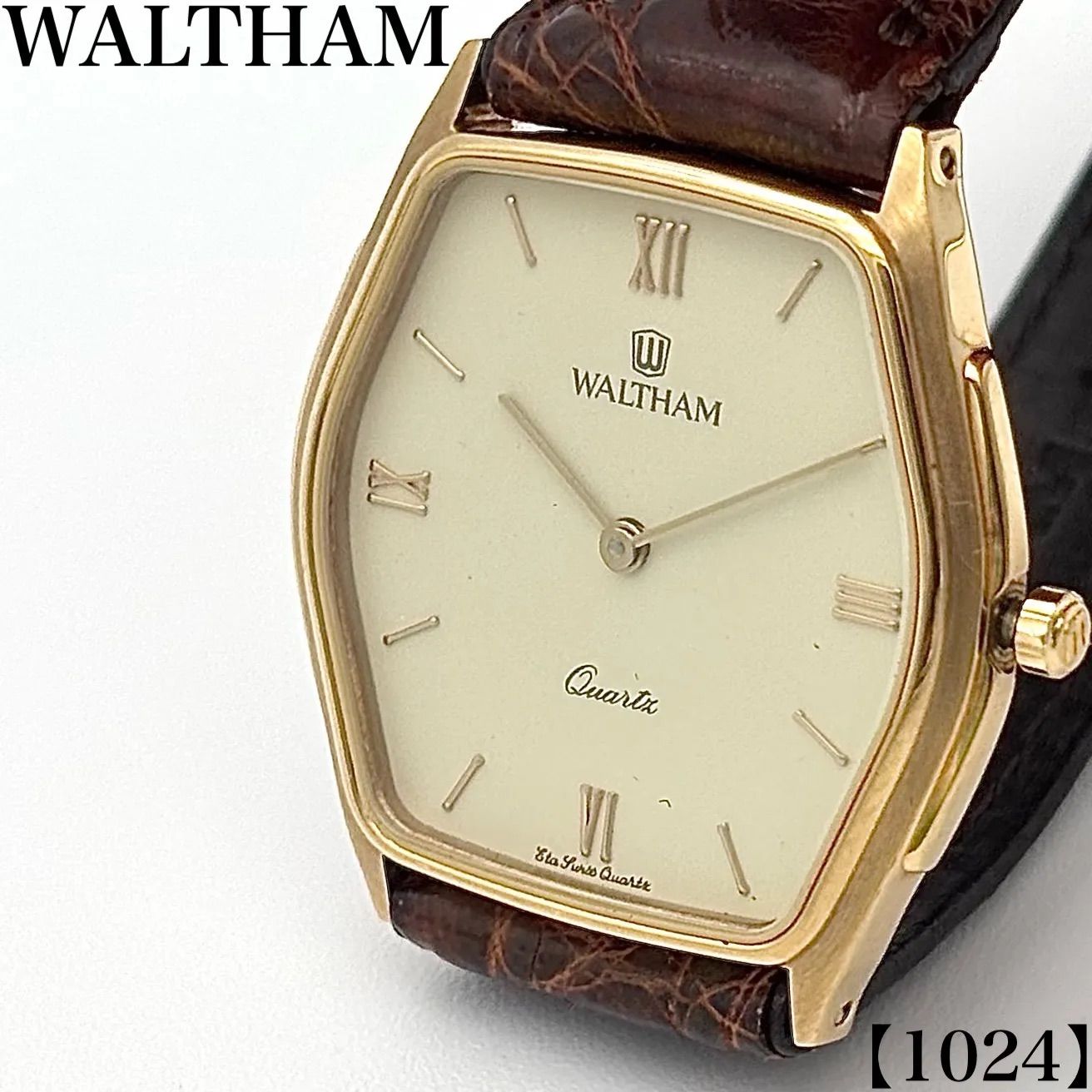 稼働品 Working item ウォルサム WALTHAM 腕時計 メンズ Men's クォーツ Quartz トノー型 ゴールド文字盤 ブラウンレザー型押しストラップ ローマ数字インデックス スイス製ムーブメント　1024
